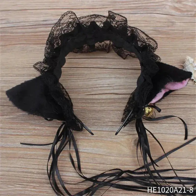 Womens Halloween Maid Lace Cat Ear Headband Hair Accessories Cat Ear Headband Long Tassel Japanese Animation Cosplay Accessories Novara Shop
