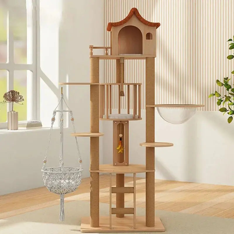 Large Cat Tower Pet Lair Solid Wood Sisal High Climbing Scratchers Spacecraft Cat Training Supplies Accessories Cats&
