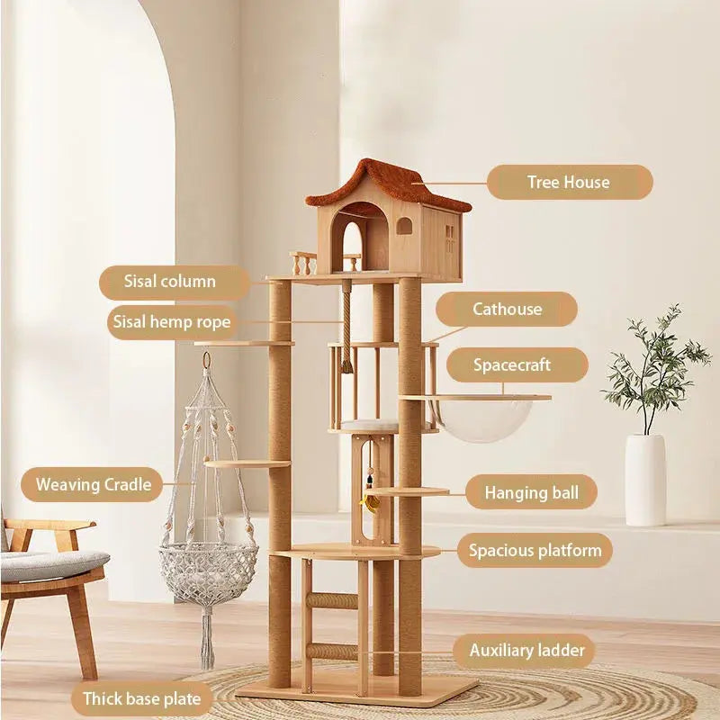Large Cat Tower Pet Lair Solid Wood Sisal High Climbing Scratchers Spacecraft Cat Training Supplies Accessories Cats&