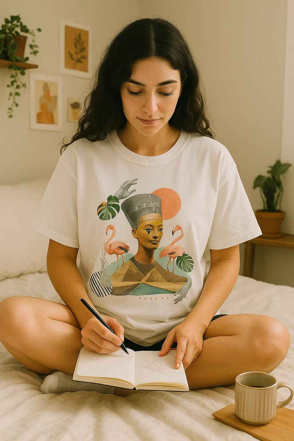 Woman sitting on a bed wearing a white t-shirt with a graphic design, writing in a notebook.
