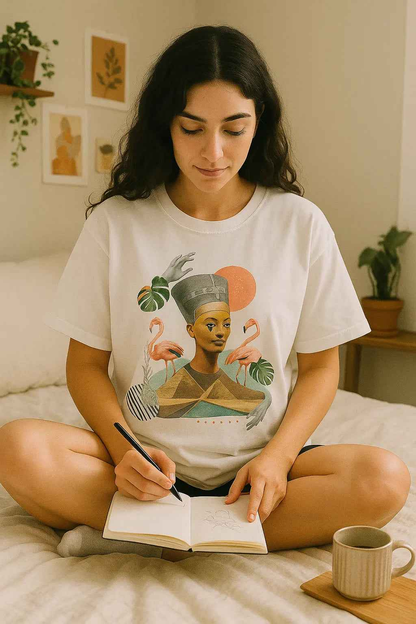 Woman sitting on a bed wearing a white t-shirt with a graphic design, writing in a notebook.