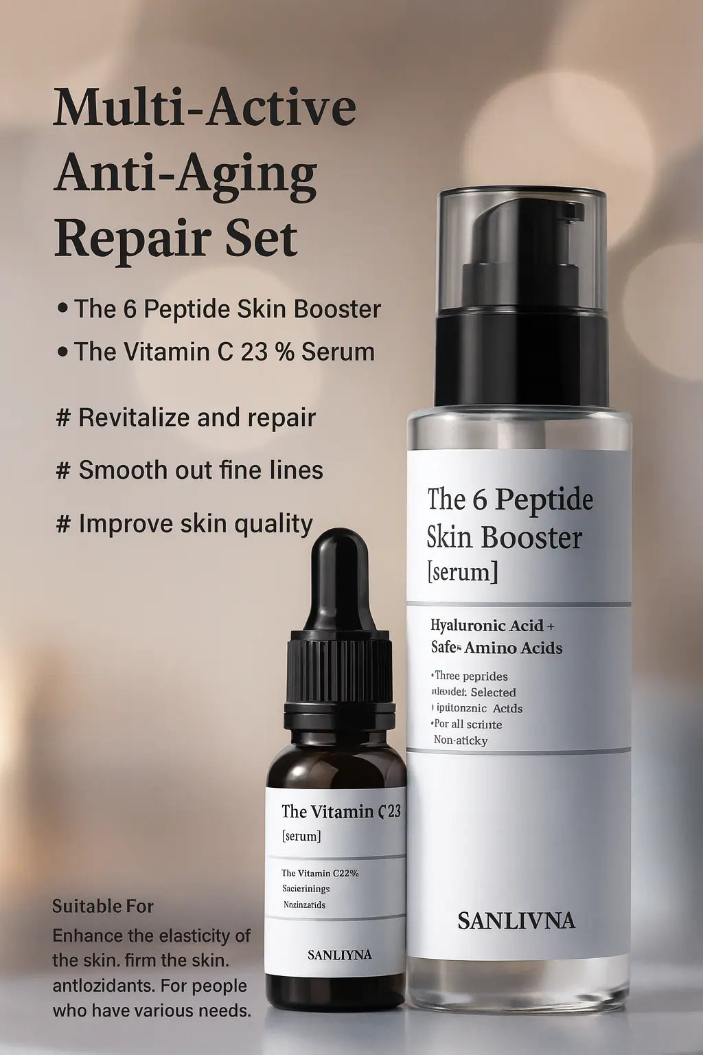 Sanlivna Korean Skincare 6 Peptide + 23% VC Duo - Firming &amp; Revitalizing Serum Set Novara Shop