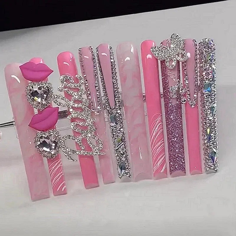 10PCS Handmade 10CM Long Square Press On Nails Bling Rhinestones Acrylic False Nail Stickers Fake Nail With Glue Nail Supplies Novara Shop