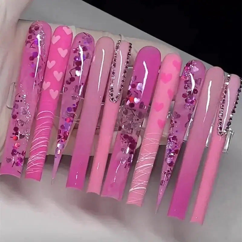 10PCS Handmade 10CM Long Square Press On Nails Bling Rhinestones Acrylic False Nail Stickers Fake Nail With Glue Nail Supplies Novara Shop