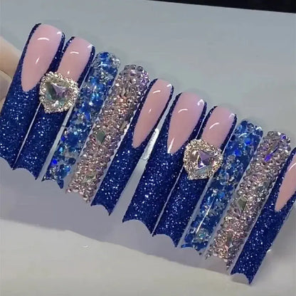10PCS Handmade 10CM Long Square Press On Nails Bling Rhinestones Acrylic False Nail Stickers Fake Nail With Glue Nail Supplies Novara Shop