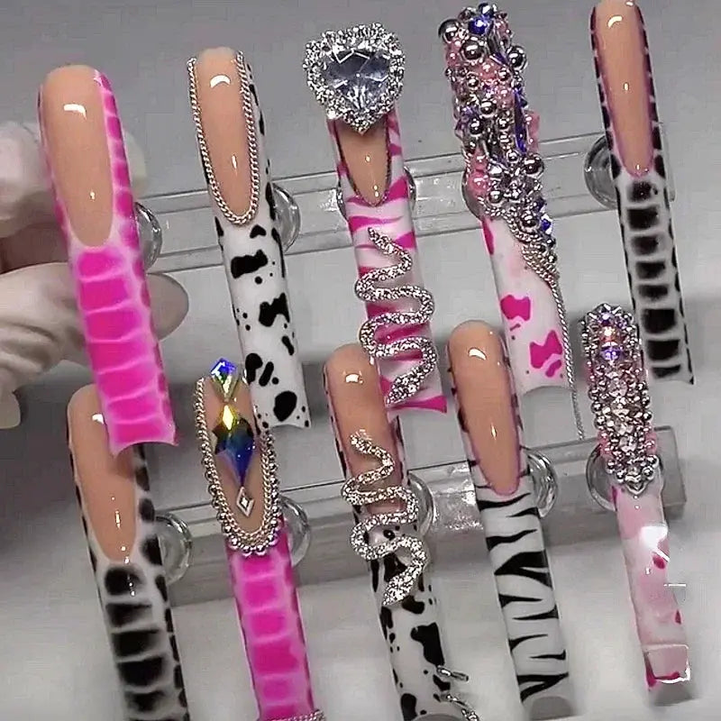 10PCS Handmade 10CM Long Square Press On Nails Bling Rhinestones Acrylic False Nail Stickers Fake Nail With Glue Nail Supplies Novara Shop