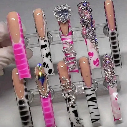 10PCS Handmade 10CM Long Square Press On Nails Bling Rhinestones Acrylic False Nail Stickers Fake Nail With Glue Nail Supplies Novara Shop