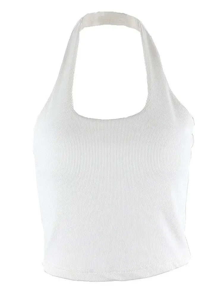 White Halter Sexy Backless Tank Tops for Women Streetwear 2023 Sleeveless Ribbed Knit Vest Top Cropped Feminino Novara Shop   Novara Shop