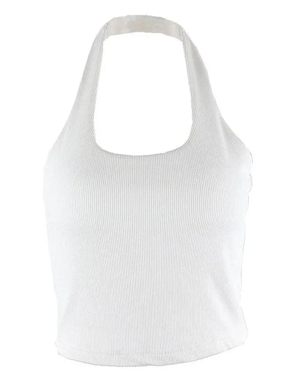 White Halter Sexy Backless Tank Tops for Women Streetwear 2023 Sleeveless Ribbed Knit Vest Top Cropped Feminino Novara Shop   Novara Shop