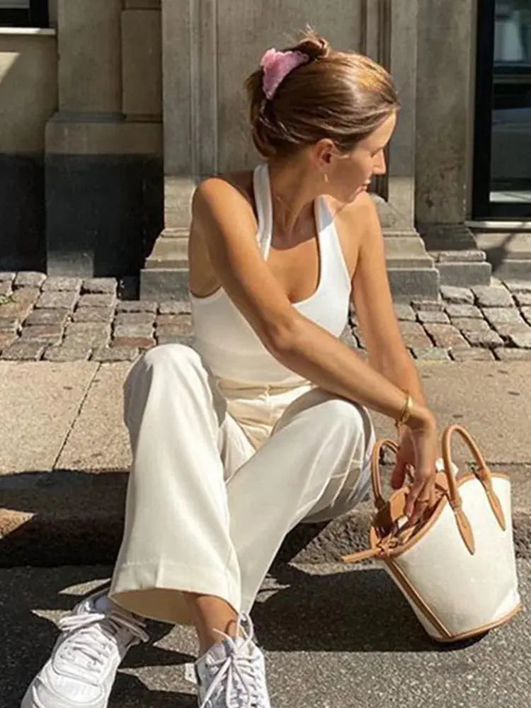 White Halter Sexy Backless Tank Tops for Women Streetwear 2023 Sleeveless Ribbed Knit Vest Top Cropped Feminino Novara Shop   Novara Shop