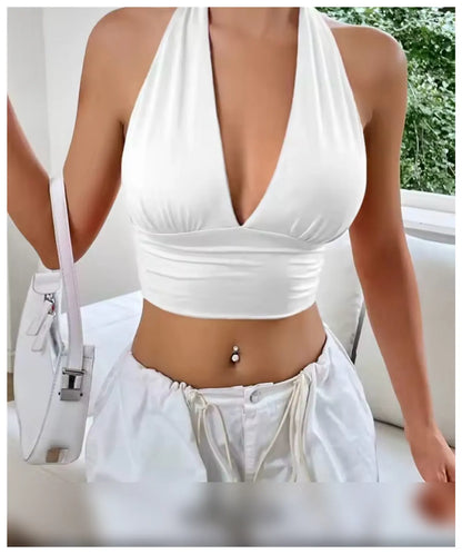 Sleeveless Backless Deep V-neck Halter Top Women Summer 2025 Club Party Sexy Solid Color Crop Tops Streetwear Y2K Clothes - Novarashop