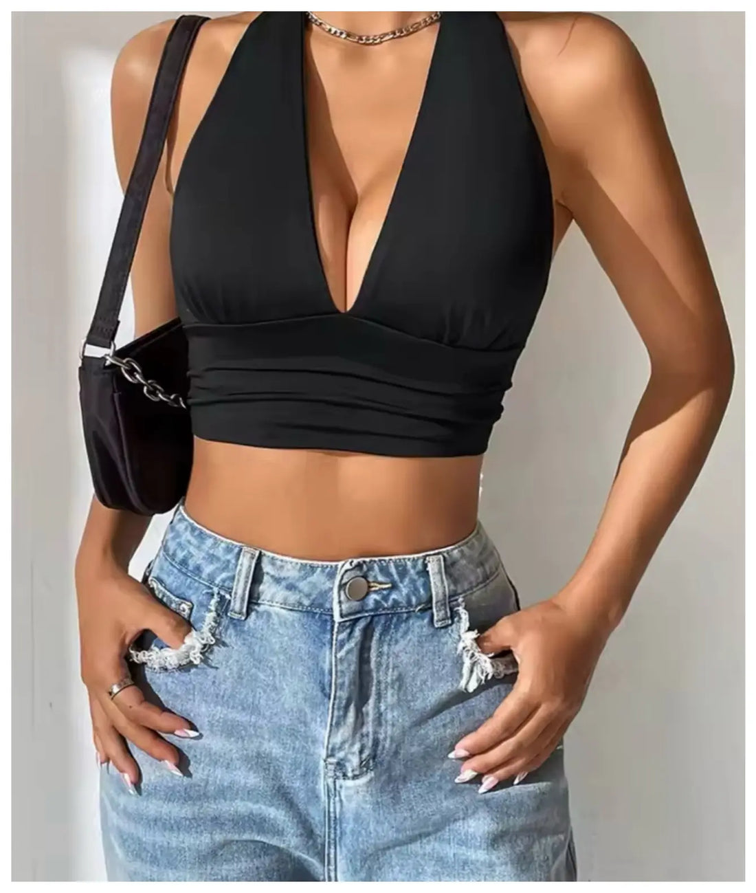 Sleeveless Backless Deep V-neck Halter Top Women Summer 2025 Club Party Sexy Solid Color Crop Tops Streetwear Y2K Clothes - Novarashop