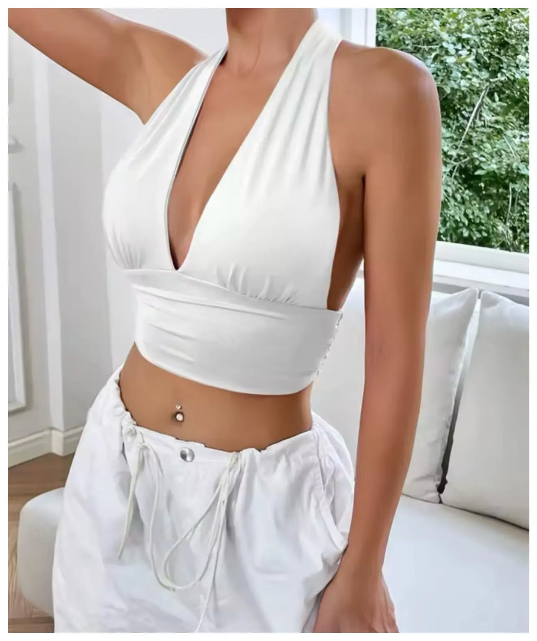 Sleeveless Backless Deep V-neck Halter Top Women Summer 2025 Club Party Sexy Solid Color Crop Tops Streetwear Y2K Clothes - Novarashop