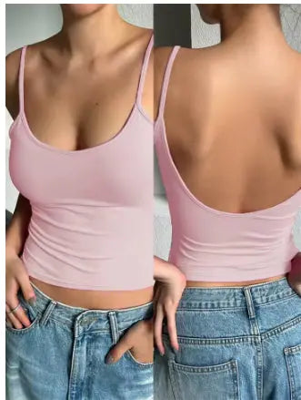 Women Backless Cami Crop Top Summer Solid Color Casual Sleeveless Top Streetwear Y2K Clothes - Novarashop