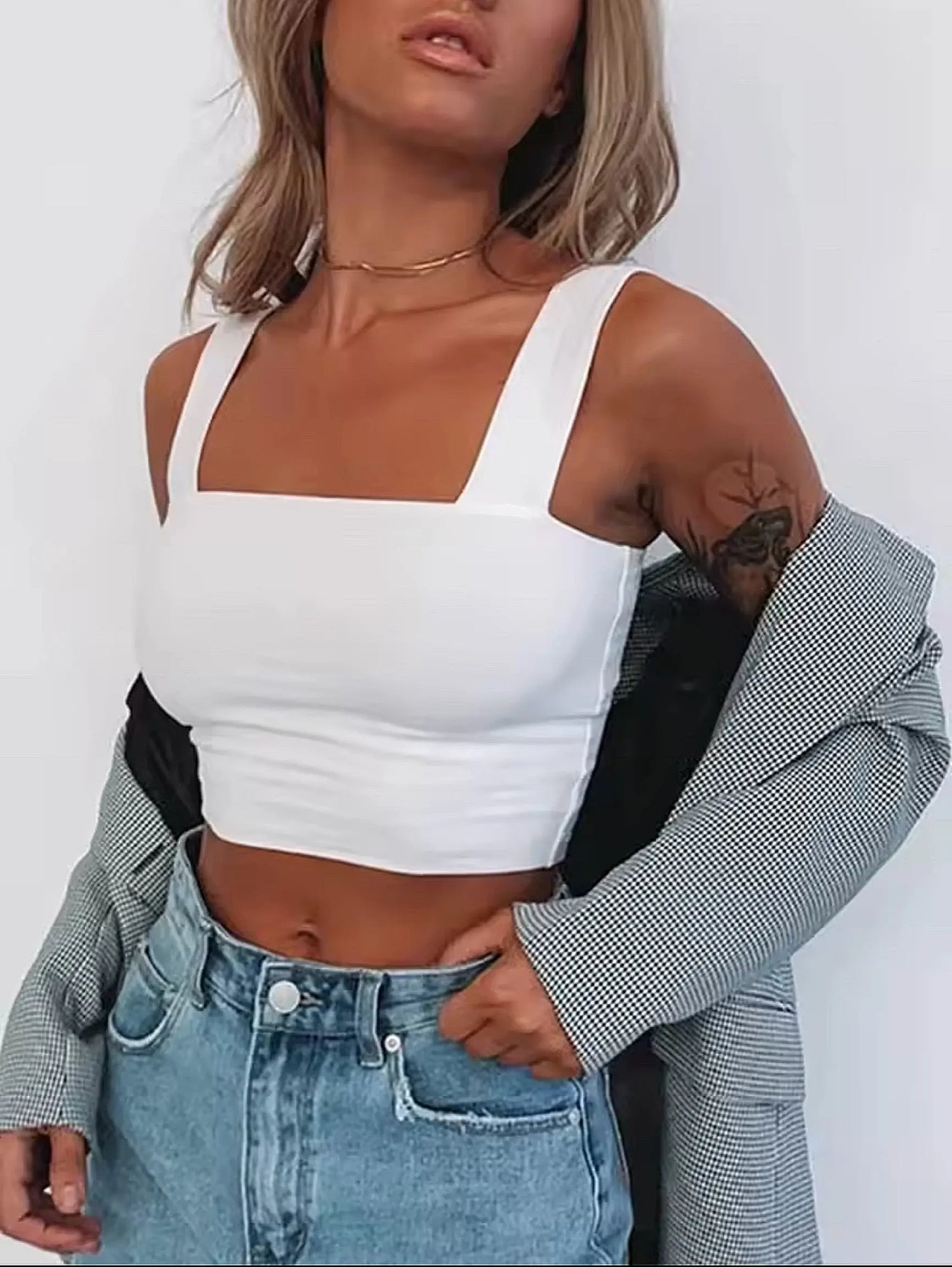 Square Neck Sleeveless Summer Crop Top White Women Black Casual Basic T Shirt Off Shoulder Cami Sexy Backless Tank Top - Novarashop