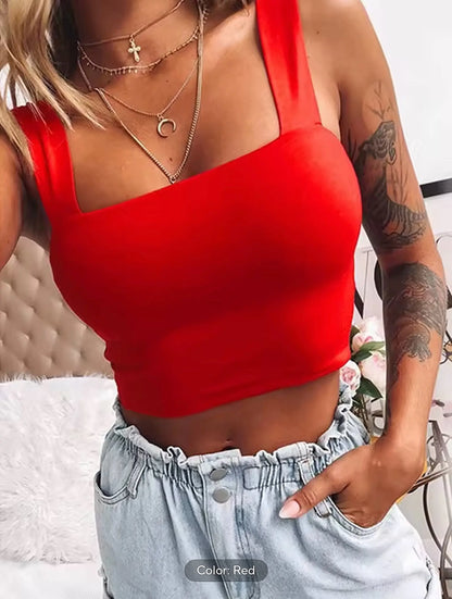 Square Neck Sleeveless Summer Crop Top White Women Black Casual Basic T Shirt Off Shoulder Cami Sexy Backless Tank Top - Novarashop