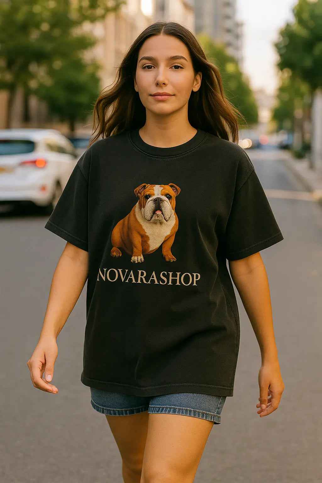 100% Cotton Bulldog T-shirt Unisex Vintage Novarashop Logo Embroidery Design Short Sleeve Street Trend