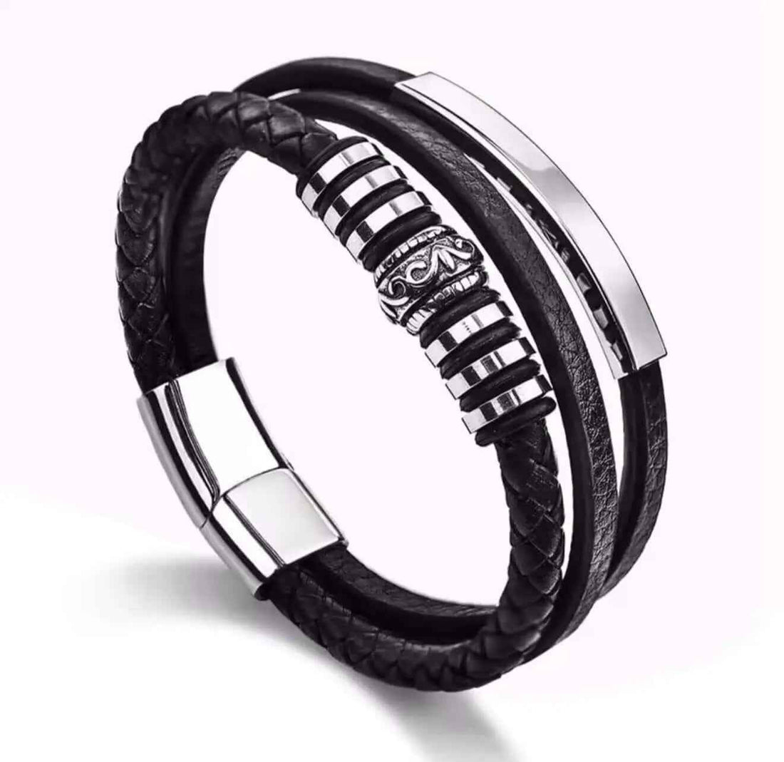 Trendy Mens Leather Bracelets with Classic Stainless Steel Multilayer Braided Rope for Male and Female Bangles Jewelry Gift