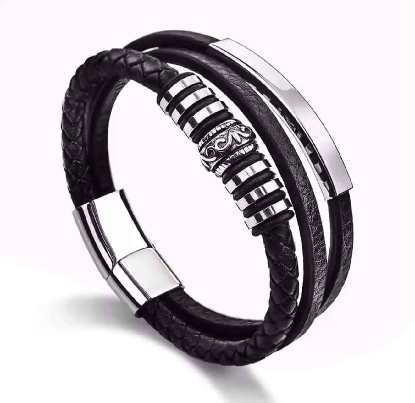 Trendy Mens Leather Bracelets with Classic Stainless Steel Multilayer Braided Rope for Male and Female Bangles Jewelry Gift