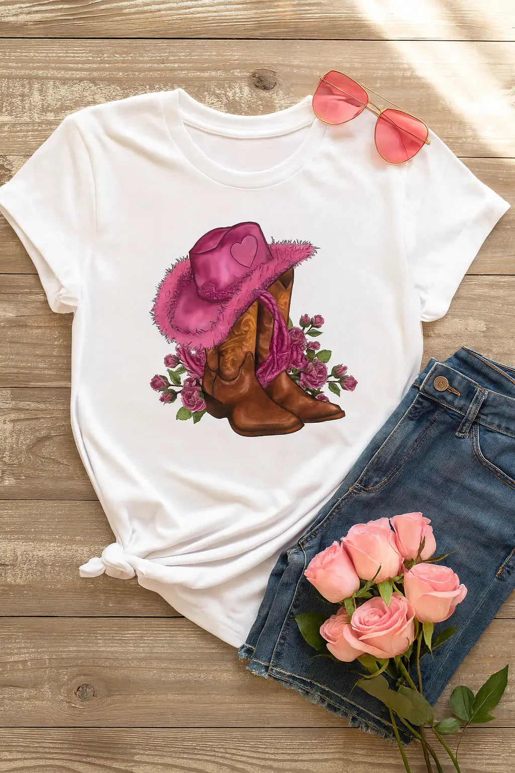 Cowgirl Floral Print T-shirts Women Summer Tshirt Lady Rive Novarashop