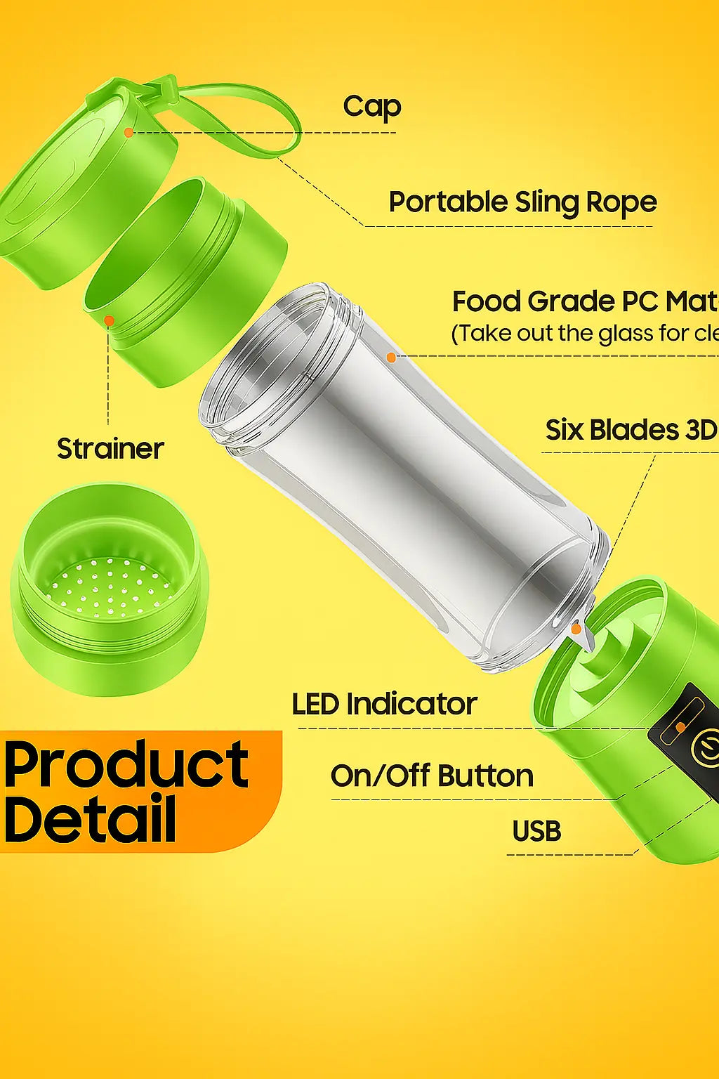 New Mini Portable Blender Bottle USB 6 Blades Fruit Fresh Juicer Smoothies Mixer Machine Crusher Food Processor for Kitchen - Novarashop