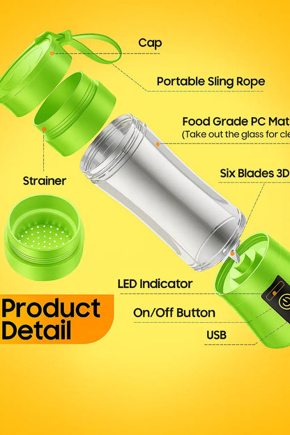 New Mini Portable Blender Bottle USB 6 Blades Fruit Fresh Juicer Smoothies Mixer Machine Crusher Food Processor for Kitchen - Novarashop