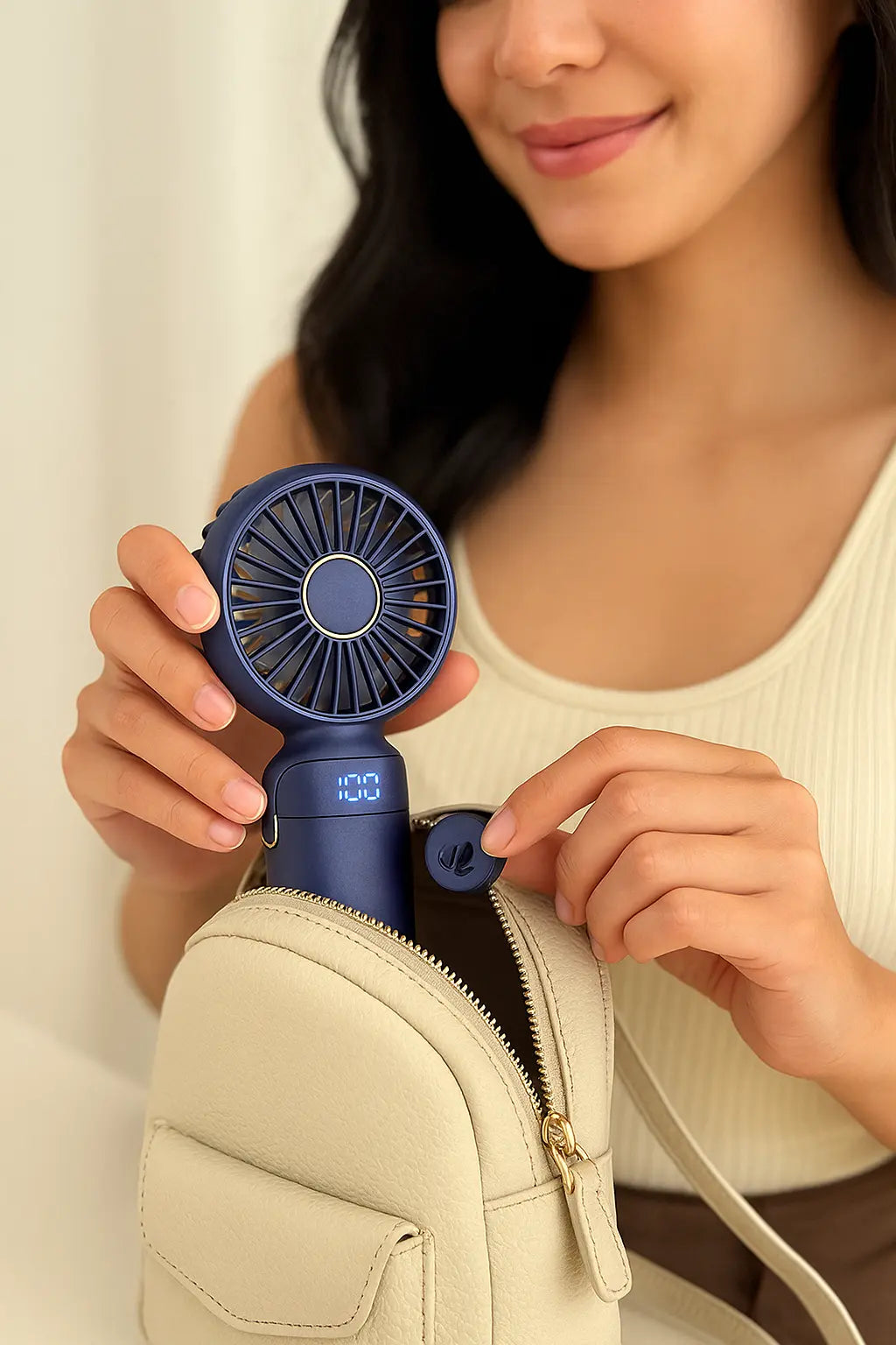 USB Handheld Mini Fan Foldable Portable Neck Hanging Fans 5 Speed USB Rechargeable Fan with Phone Stand and Display Screen - Novarashop